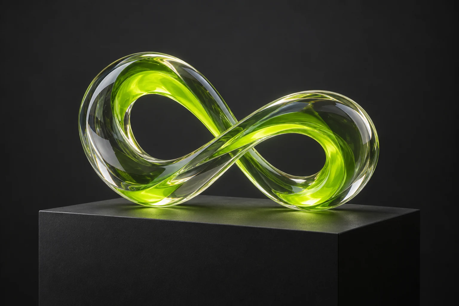 Sculpture de verre vert en boucle continue, symbole des connexions entre les outils